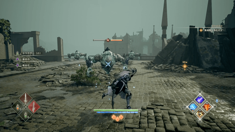 道中の敵は炎属性の魔法でダウンを狙う