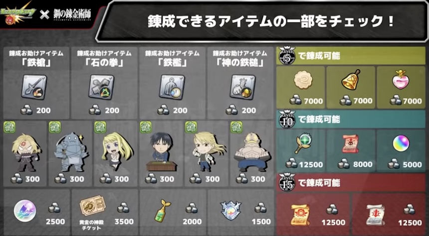 錬成できるアイテムの一部