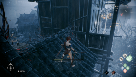 手前側の屋根の上に標旗があるので登って解放する