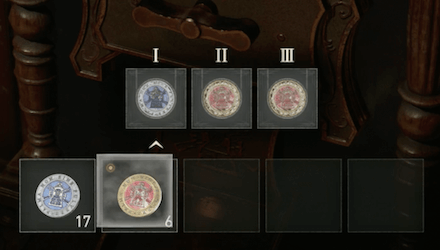 バイオre4のトークンマシンでチャームを全パターン確認する様子