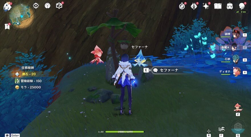 セファーナに話しかけると原石と経験値が貰える