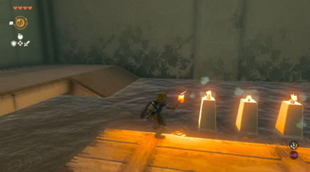 板に乗り、たいまつに火をつけて宝箱の場所に上陸