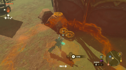 近くに置いてあるタイヤを「ウルトラハンド」で荷車に付ける