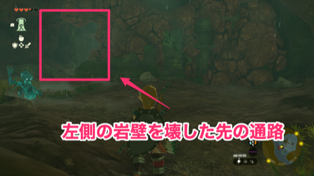 左側の岩壁を壊した先の通路にある