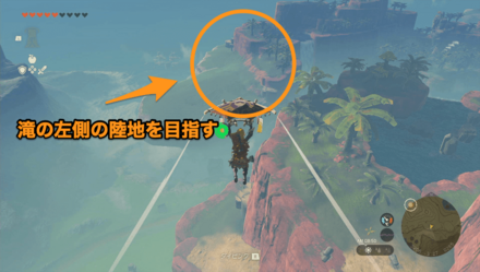 滝口の左側の陸地を目指して着地する