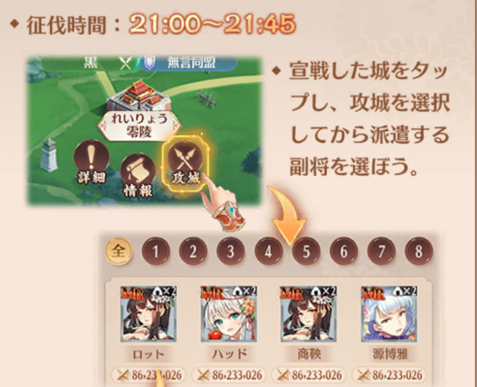 征伐時間で宣戦した城へ攻城開始