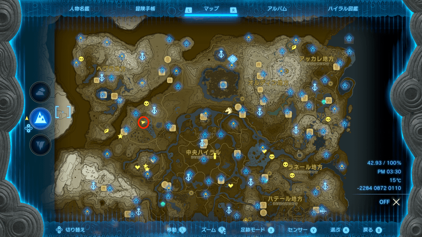 ハイラル丘陵の雷の台地付近のマップ