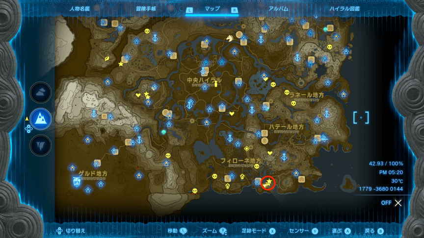 ハイラル丘陵の雷の台地付近のマップ
