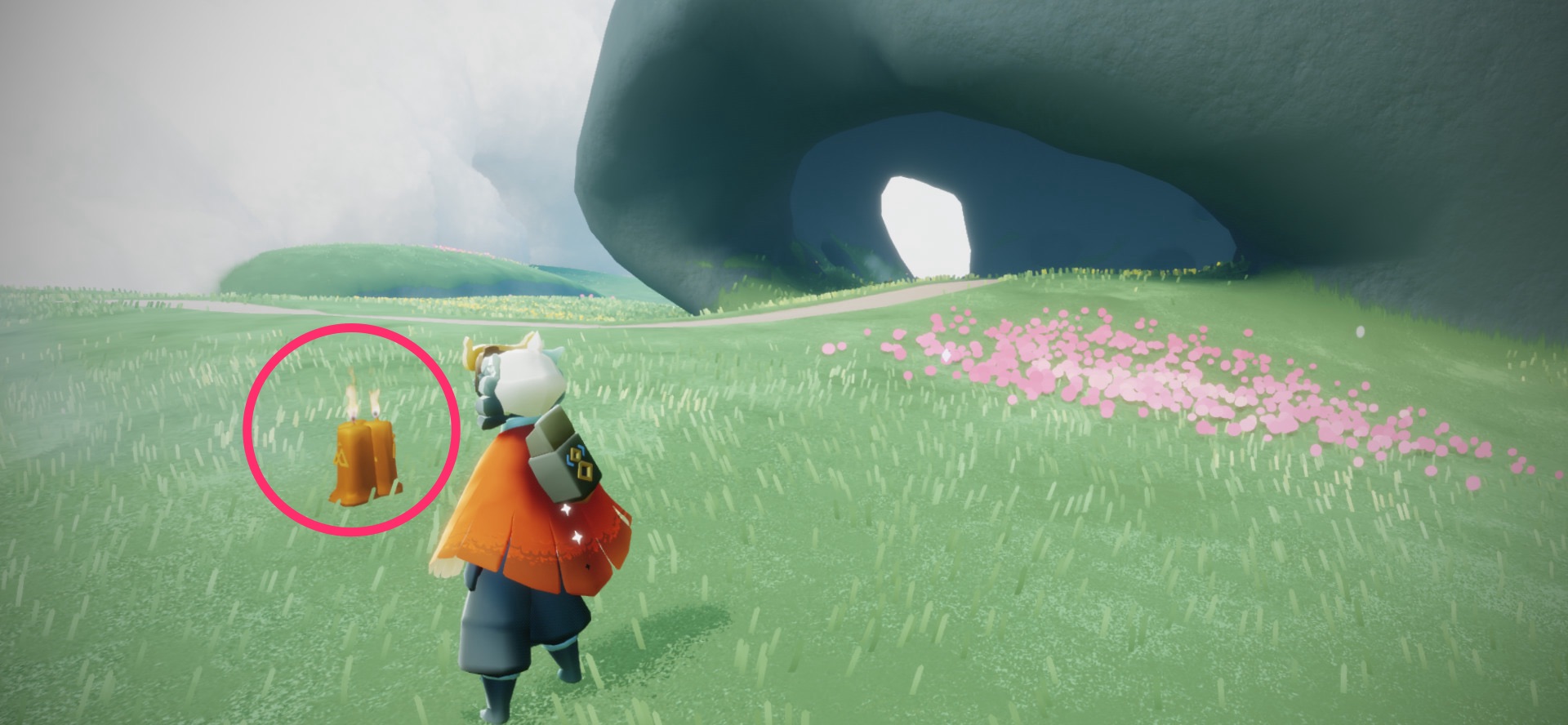 丸い岩の左奥の辺り