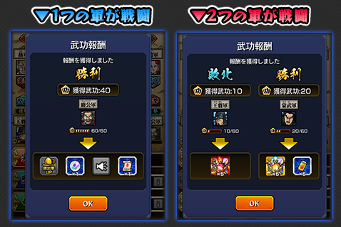 勝敗に応じて貰える武功の数が変化