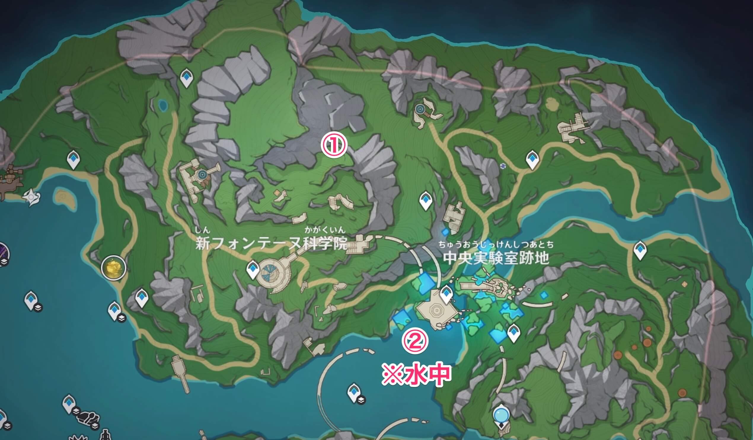 フォンテーヌ：フォンテーヌ運動エネルギー工学科学研究院地区の地霊壇の場所