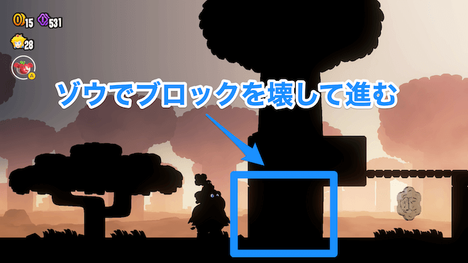 ゾウでコイン手前のブロックを破壊して進む