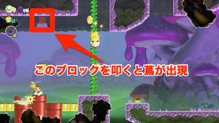 蔦を登った先で隠しブロックを叩く