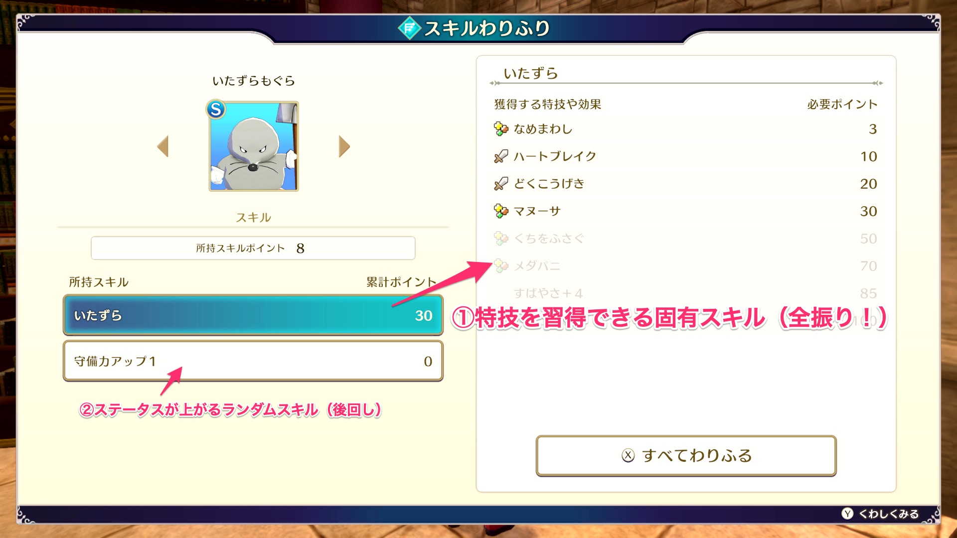 序盤は特技を習得できるほう（固有スキル）に振ろう