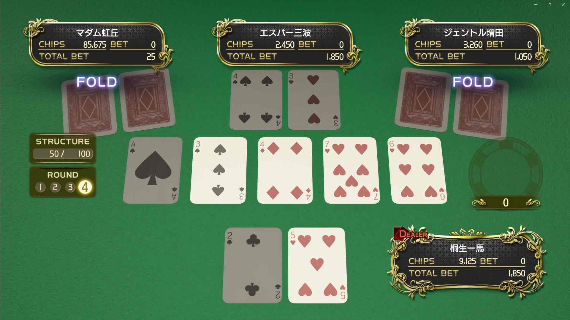 共有札5枚と手札2枚から合わせて5枚の役で勝負する