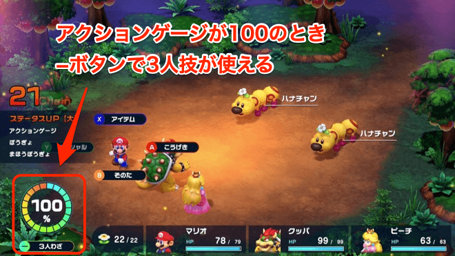 アクションゲージ100で3人技が使える