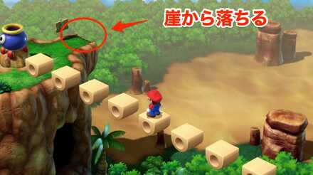 ちくわブロックの先の崖を落ちる