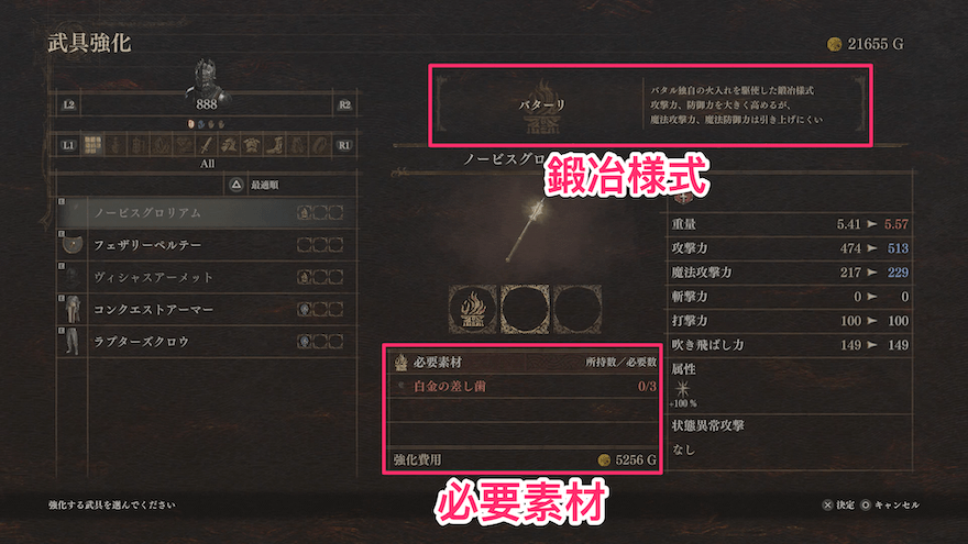 必要素材と鍛冶様式