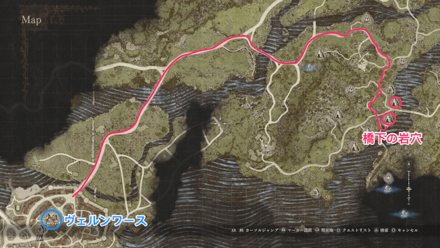 橋下の岩穴の場所