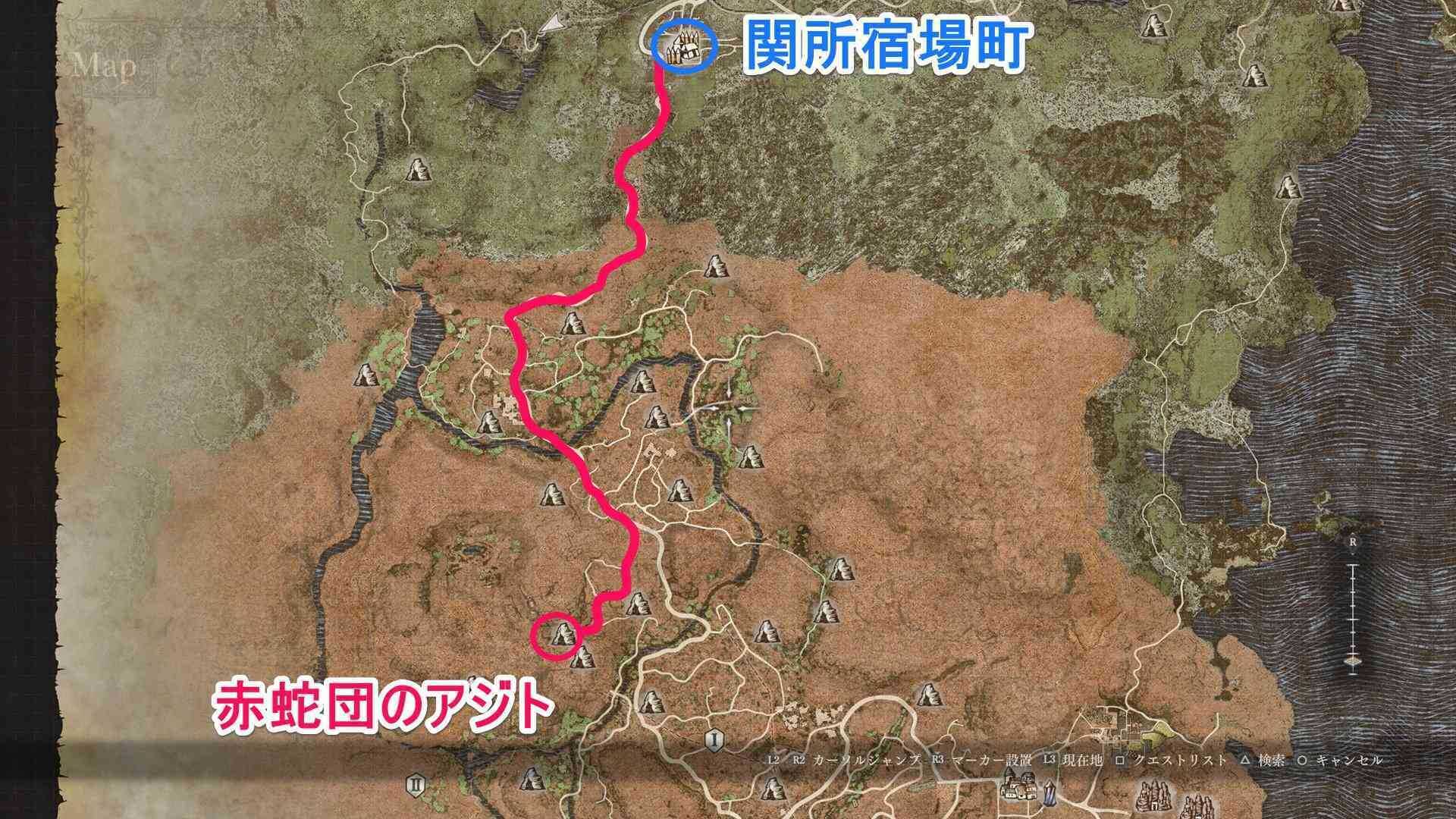 赤蛇団のアジトへのルート画像