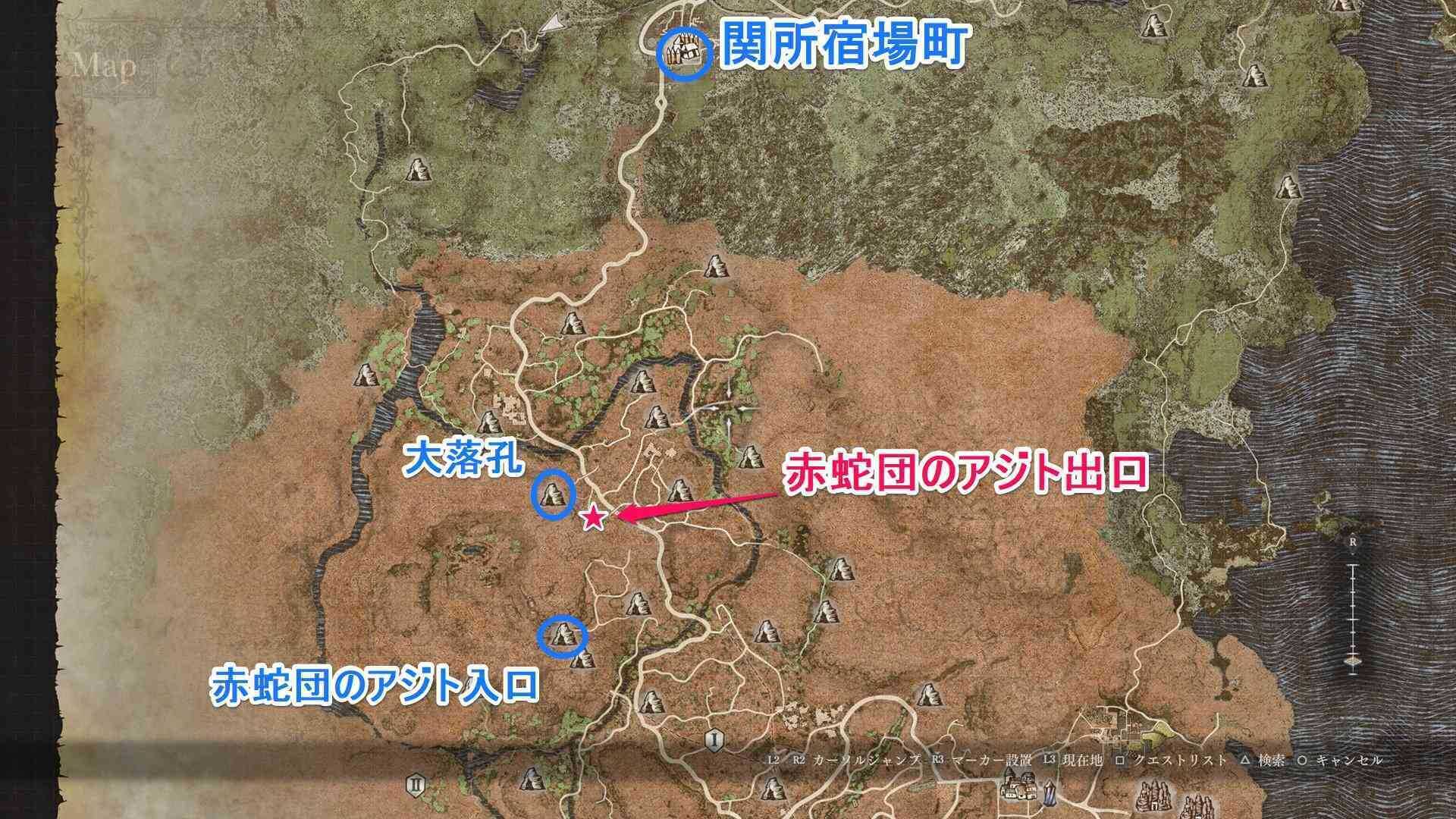 赤蛇団のアジト出口のマップ画像