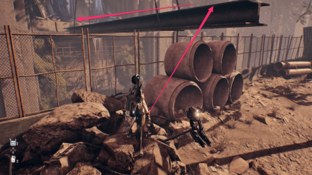 鉄材を足場にして進む