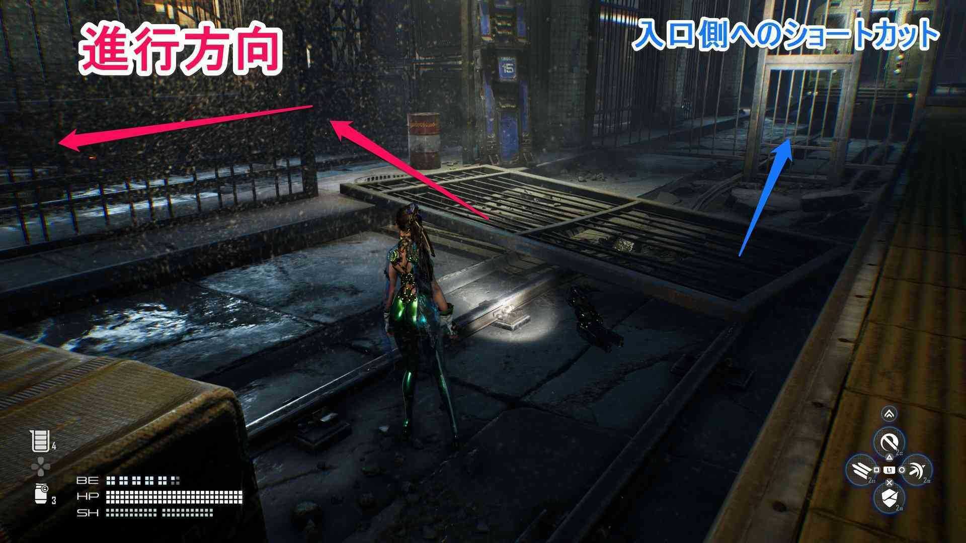 鉄柵が倒れているところを進む