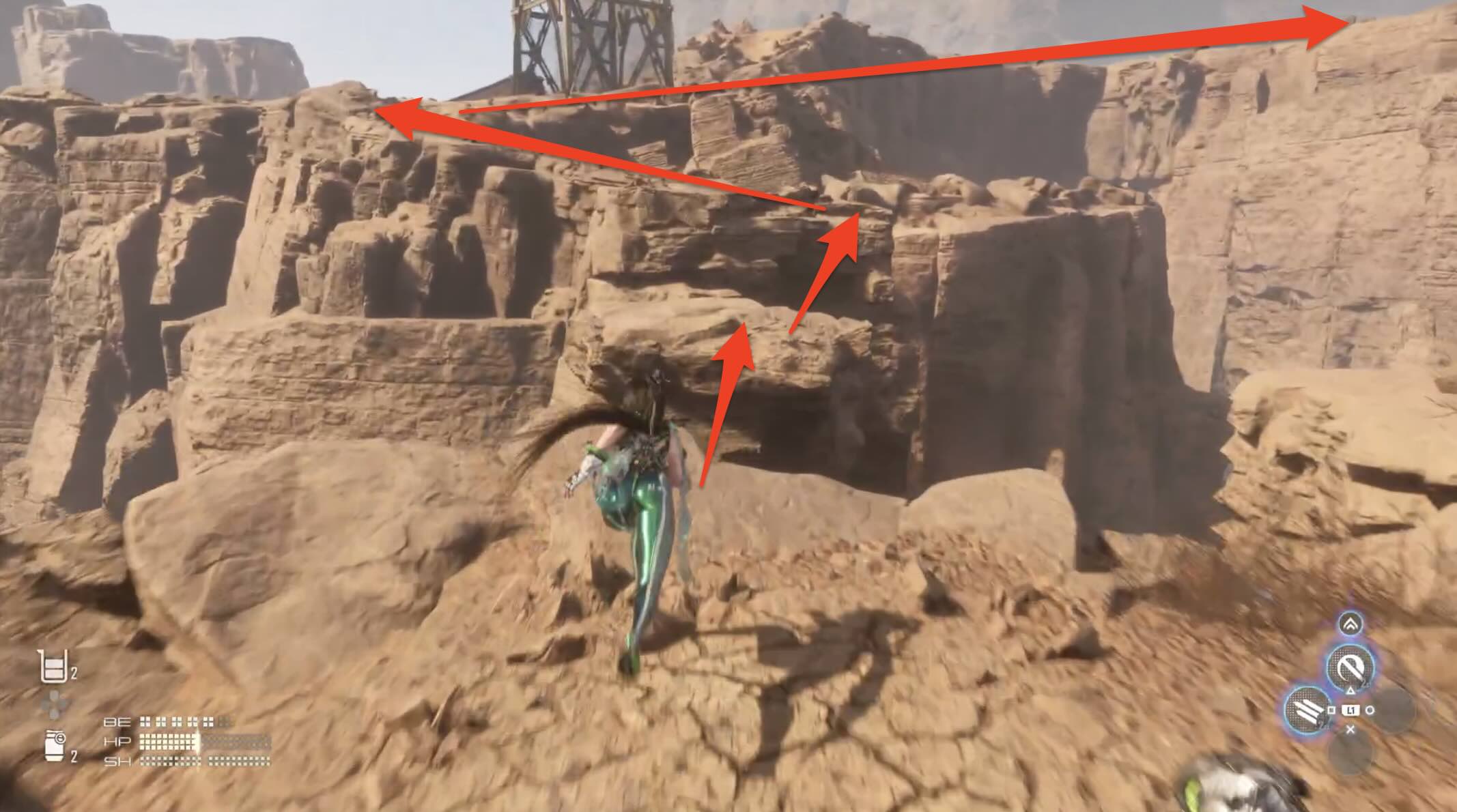 ジャンプで落ちないようにして丘上へ