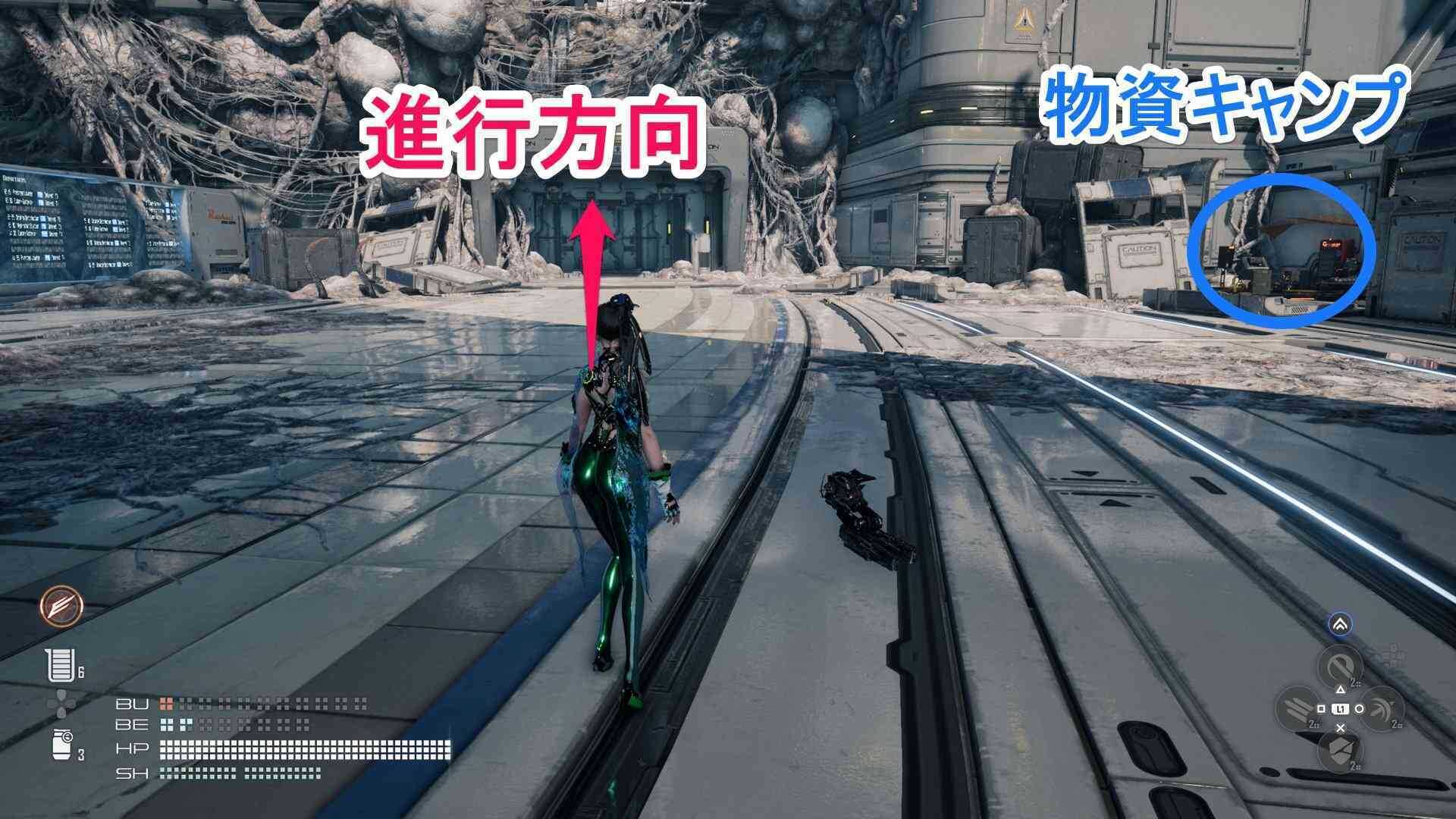 電力を復旧させた後の進行方向と物資キャンプの画像